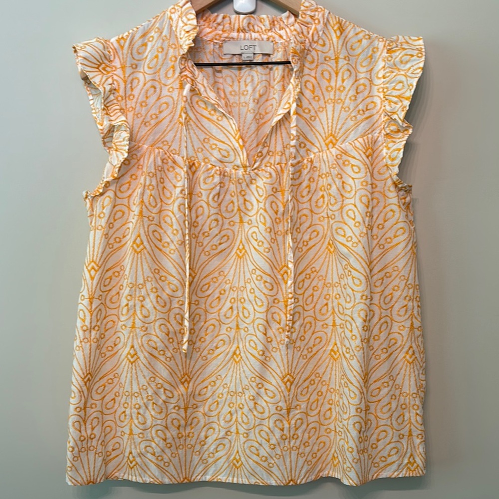 LOFT Yellow & White Printed Ruffle Sleeve Blouse